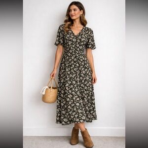 Vintage ALGO Floral Midi Dress Prairie Cottagecore Button Front